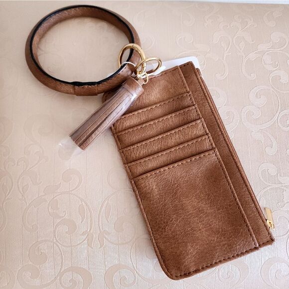 Brown Leather Card Holder with Keychain Wristlet - Picture 1 of 5